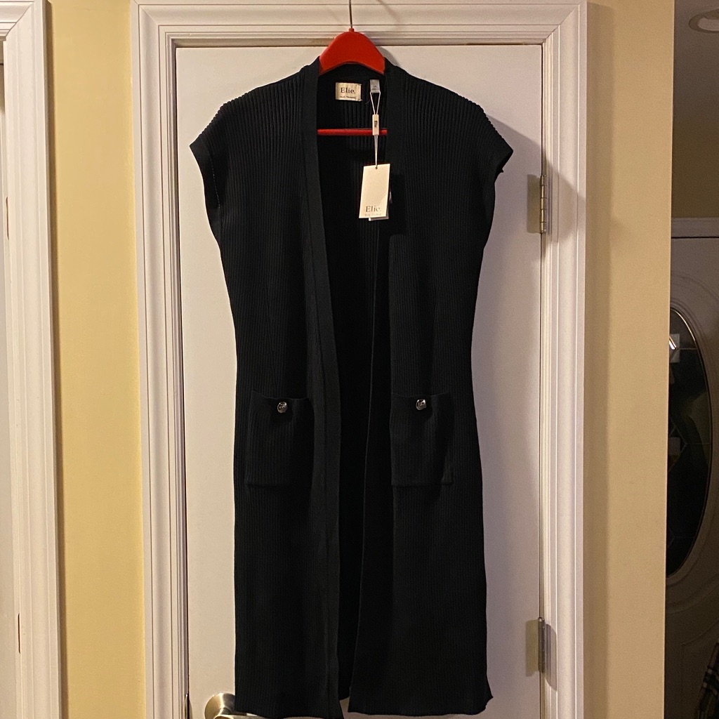 Elie Tahari Black Stretch Long Ribbed Silver Button Pockets Vest New With Tags